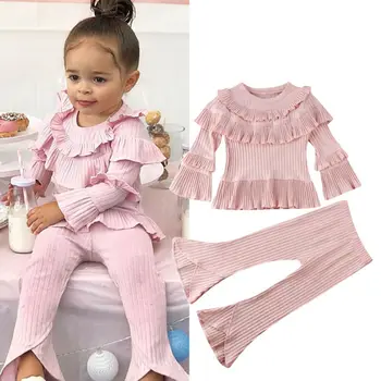 JAV Bamblys Baby Girl Drabužiai Pynimas ilgomis Rankovėmis Viršūnes, T-marškinėliai, Ilgos Kelnės, Komplektai, Princesė Mergina Drabužių Rinkinys 1-6T
