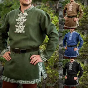 Vyras Retro Viduramžių Marškinėliai Piratų Viking Helovyno Cosplay Kostiumai, Renesanso Spausdinti V-kaklo Tunika ilgomis Rankovėmis Viršūnes Laisvas