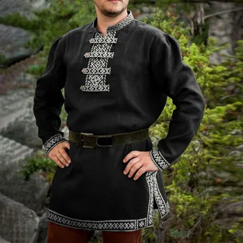 Vyras Retro Viduramžių Marškinėliai Piratų Viking Helovyno Cosplay Kostiumai, Renesanso Spausdinti V-kaklo Tunika ilgomis Rankovėmis Viršūnes Laisvas