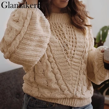 Glamaker Negabaritinių vieną petį megztinis džemperis Moterims puloveris nėrimo ilgomis rankovėmis megztinis Moteriška mezgimo megztinis vasaros drabužių