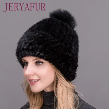 Karšto parduoti nekilnojamojo audinės kailio glaudžiai austas storas skrybėlę bžūp moterų žiemos fox fur Pompom viršuje LOVELINESS aukštos kokybės
