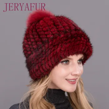 Karšto parduoti nekilnojamojo audinės kailio glaudžiai austas storas skrybėlę bžūp moterų žiemos fox fur Pompom viršuje LOVELINESS aukštos kokybės