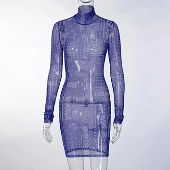 ANJAMANOR Mėlyna Bandana Spausdinti Akių Vien Bodycon Suknelė Moterims Seksualus Klubas Dėvėti Matyti Per ilgomis Rankovėmis Mini Suknelės D95-BA12