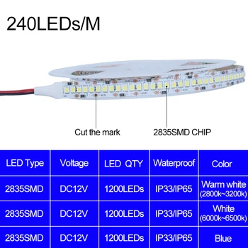DC12V IP33 Ne vandeniui SMD2835 LED Juostelės 240led/m Lanksti Juosta Šviesos 5M 1200Leds juostelės juosta Vitrina Balta / Šiltai Balta
