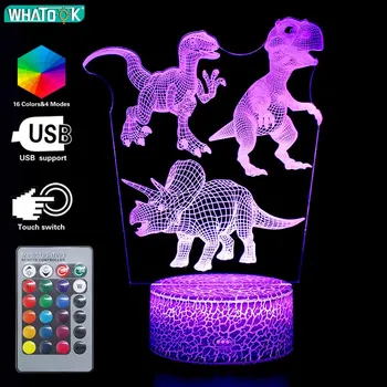Unikalus 3D Dinozaurai Naktį Žibintai Vaikams LED Iliuzija Stalo Lempa Dekoro Jutiklinis Nuotolinio Vaikai Atostogų Kalėdų Vakarėlį Dovana Žaislas