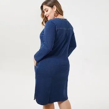 MK 2019 m. rudenį, žiemą moterų Plius Dydis-ilgomis rankovėmis džinsinio audinio suknelė mados Ponios femal Vintage 