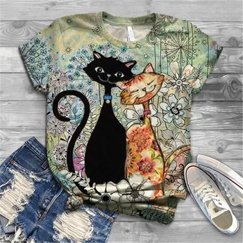 Y2k Katė Modelio Grafinis T Marškinėliai Moterims Apvalios Kaklo Trumpomis Rankovėmis Tee Viršūnes Gyvūnų Puikus Tshirts Ponios Vasaros Mados Drabužiai