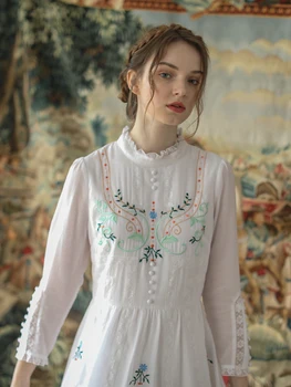 Pavasarį Ir Rudenį Suknelė Moterims Derliaus Elegantiškas Plonas Mori Mergina Šviežių Siuvinėjimo Balta Ilga Suknelė ilgomis Rankovėmis Midi Suknelė omighty