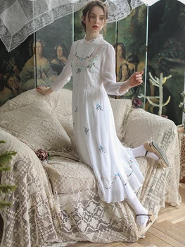 Pavasarį Ir Rudenį Suknelė Moterims Derliaus Elegantiškas Plonas Mori Mergina Šviežių Siuvinėjimo Balta Ilga Suknelė ilgomis Rankovėmis Midi Suknelė omighty