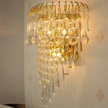 Klasikinis krištolo sietynas, sieninės šviesos aukso kristaliniai sienos sconce lempa LED fojė, gyvenamasis kambarys naktiniai stiklo kristalų sienos lempos