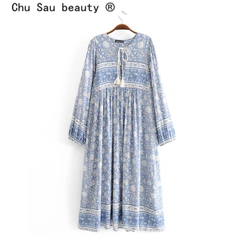 Chu Sau grožį 2019 Naujas Boho Mėlyna Balta Gėlių Spausdinti Maxi Suknelė Moterų Paplūdimio Stiliaus ilgomis Rankovėmis Mados Motinos Ilgos Suknelės
