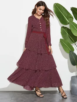 Elegantiškas Šifono Musulmonų Suknelė Abaja Moterų Polka Dot Ramadanas Islamo Clohing Big Swing-line Maxi Šalies Vestidos Maroko Caftan