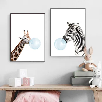 Kūdikis Lopšelyje Drobė Sienos Menas Spausdinti Gyvūnų Mėlynas Burbulas Plakatas Žirafa, Zebras Tapybos Šiaurės Vaikams Dekoratyvinis Nuotrauką Miegamojo Puošimas