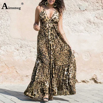 Aimsnug 2020 metų Vasaros Ponios Elegantiškas V-kaklo Maxi Suknelė Leopardas Spausdinti Seksualus Suknelės, Plius dydis Moterų Atsitiktinis Kavos Juoda Ilga Suknelė