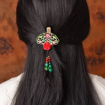 Etninio Stiliaus Cloisonne vėduoklės formos Retro Pusėje Įrašą Hanfu Klasikinis Kostiumas Duckbill Staigius Kinijos Senovės Teismas Plaukų Papuošalas