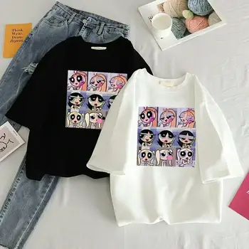 Naujas Mados Kawaii Powerpuff Marškinėliai moteriški Drabužiai Mielas Animacinių filmų Tee Marškinėliai Žiedų Burbuliukai Vėdrynas Anime Mergaičių Dovanų Marškinėlius