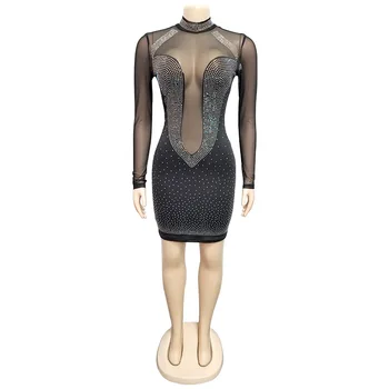 Seksualus Akių Matyti Per Mini Suknelė Moterims Ilgomis Rankovėmis Diamond Golfo Suknelė 2019 Vakare Šalies Skaidrus Trumpos Suknelės