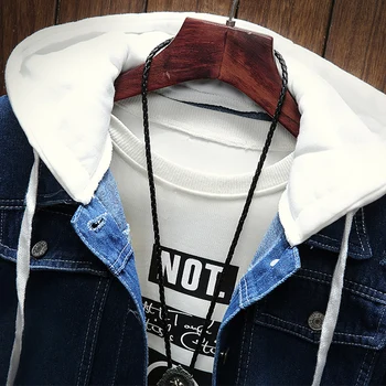 Vyriški džinsinio striukė 2019 susiuvimo netikrą dviejų dalių skylė siuvinėjimo gobtuvu striukė mados vyrų hip-hop atsitiktinis palaidų striukė S-3XL
