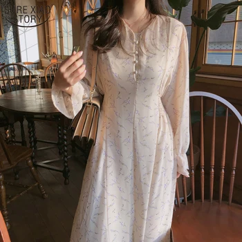 Elegantiškas long Sleeve V-Kaklo Aukštos Moterų Šifono Moterų Suknelė 2021 Naują Pavasario Rudens Gėlių Spausdinti Elastinga Juosmens Suknelės 10255