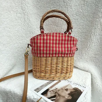 Naujos šiaudų mezgimo atostogų rankinėje šiaudų pintais raudonas pledas drobės sujungimas pečių maišą Austi Crossbody Krepšelį Talpos maišelį Su
