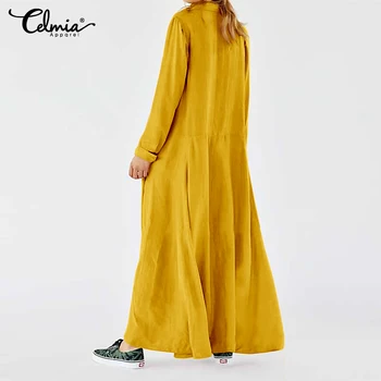 Celmia Moterų Maxi Suknelė 2021 Mados Ilgas, Atsitiktinis Marškinėliai Ilgomis Rankovėmis Mygtuką Kišenės Baggy Kietas Vestidos Drabužius, Plius Dydis Sundress