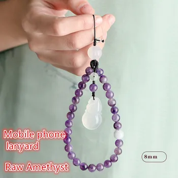Kinijos stiliaus rankų darbo natūralių rūdos Ametistas trumpas mobiliojo telefono grandinės pakabukas meno virvę ant riešo virvę moterų akmens karoliukai, kristalų