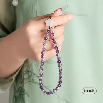 Kinijos stiliaus rankų darbo natūralių rūdos Ametistas trumpas mobiliojo telefono grandinės pakabukas meno virvę ant riešo virvę moterų akmens karoliukai, kristalų