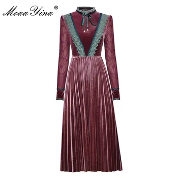 MoaaYina Mados Dizaineris suknelė Rudenį Moterų Nėrinių Suknelė ilgomis Rankovėmis Kratinys Elegantiškas Aksomo, Plisuotos Suknelės