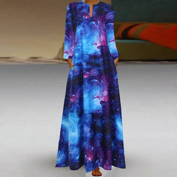 Rudens Mados V Kaklo 3D Žvaigždėtas Dangus Spausdinti Ilga Suknelė Atsitiktinis ilgomis Rankovėmis Temperamentas Megztinis Suknelė, Kietas Streetwear Elegantiška Suknelė