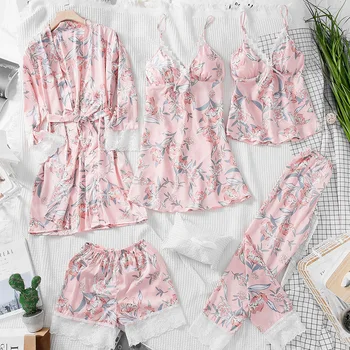 2019 5 Vnt Pavasarį Moterys Sleepwear Sexy Nėrinių Apatinis Trikotažas Pižamos Rinkiniai Gėlių Spausdinti Apatinis Trikotažas Moterų Pajama Moteris Su Krūtinės Pagalvėlės