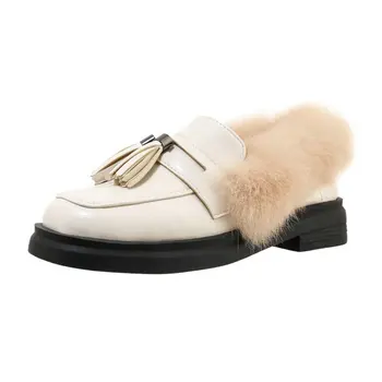 Prabangos prekės ženklo dizaineris moterų batai kutai stambusis mažai aukštakulnius moteris slip-on mokasīni, žiemos batai su dirbtiniais kailiais plius dydis 33-46