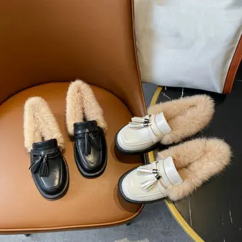 Prabangos prekės ženklo dizaineris moterų batai kutai stambusis mažai aukštakulnius moteris slip-on mokasīni, žiemos batai su dirbtiniais kailiais plius dydis 33-46