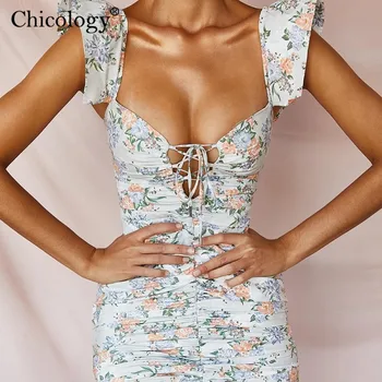 Chicology gėlių nėrinių ruched tuščiaviduriai iš mini suknelė 2019 m. vasarą moterys seksualus bodycon šalies klubas elegantiška dama drabužių