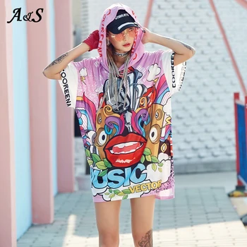 Anbenser Vasaros Moterų Hip-hop ' o T-shirt, Suknelė, Laisvas Grafiti Gobtuvu Marškinėliai Suknelės Pavasario Potvynio Streetwear Laisvalaikio moteriški Drabužiai