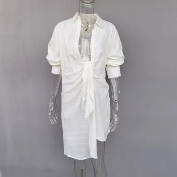 CHICEVER Vasaros Atsitiktinis Balti Marškinėliai Moterims Atvartas ilgomis Rankovėmis Tuščiaviduriai Iš Tvarstis Lankas Kelio Ilgis Moterų Marškinėliai 