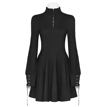 Juoda Goth Moterų Tamsiai Suknelė 2020 M. Rudenį Lady Žiedu Nėriniai-up Mygtuką Imperijos ilgomis rankovėmis Hipster Suknelės Gotikos Mini-line Vestido