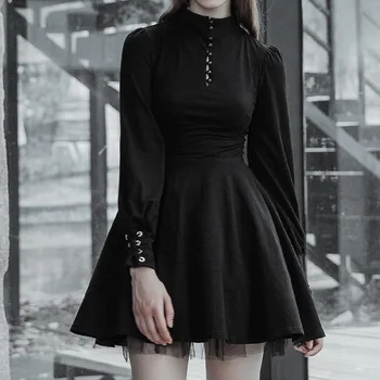 Juoda Goth Moterų Tamsiai Suknelė 2020 M. Rudenį Lady Žiedu Nėriniai-up Mygtuką Imperijos ilgomis rankovėmis Hipster Suknelės Gotikos Mini-line Vestido