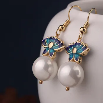 Originalaus dizaino pearl cloisonne gėlių auskarai, retro mados auskarai pavasario ir vasaros naujų papuošalų moterims