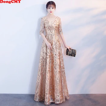 DongCMY Ilgai Oficialų Elegantiškas Vakarines Sukneles Aukso Spalvos Vestidos Blizgučiais Šalis Suknelė