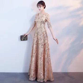 DongCMY Ilgai Oficialų Elegantiškas Vakarines Sukneles Aukso Spalvos Vestidos Blizgučiais Šalis Suknelė