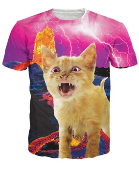 Ugnikalnių Kitty Marškinėliai raudonos spalvos akimis katę vaikščioti ant lavos netoli ugnikalnio išsiveržimo 3d juokinga spausdinti vasaros marškinėlius moterys vyrai