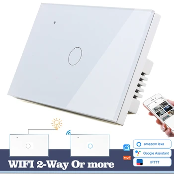 WIFI Touch Šviesos Sienos Jungiklis, Baltas Stiklas, Mėlyna LED 118*72mm Smart Home Telefonas Kontrolės 1Gang 2Way Turas Alexa 