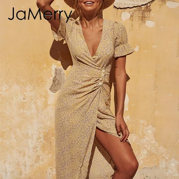 JaMerry boho Gėlių spausdinti ilga suknelė moterims trumpomis rankovėmis mygtukai seksualus padalinta suknelė 2020 metų vasaros V neck paplūdimys bodycon suknelė vestidos