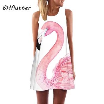 BHflutter Flamingo Spausdinti Balto Šifono Suknelė Moterų Mados Rankovių Atsitiktinis Vasaros Suknelė Ponios Mini Gražus Šalis Suknelė Vestidos