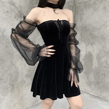 InsDoit Derliaus Gotikos Seksuali Juoda Suknelė Goth Elegantiškas Off Peties Aukšto Juosmens Mini Suknelė Moterims Tvarstis Tuščiaviduriai Iš Šalies Suknelės