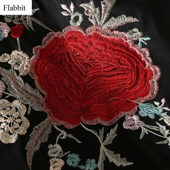 Flabbit Moterims gėlių siuvinėjimas hem kutas kratinys Kimono stiliaus juoda striukė Atsitiktinis ilgomis rankovėmis outwear Kailis Purus Viršūnes CT004