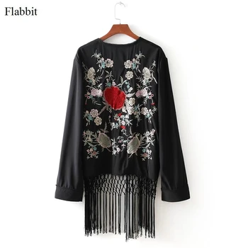 Flabbit Moterims gėlių siuvinėjimas hem kutas kratinys Kimono stiliaus juoda striukė Atsitiktinis ilgomis rankovėmis outwear Kailis Purus Viršūnes CT004