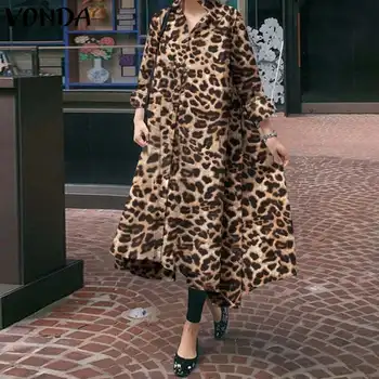 Bohemijos Sundress 2021 VONDA Moterų Atsitiktinis ilgomis Rankovėmis Derliaus Leopardas Spausdinti Marškinėliai Suknelė Prarasti Rudenį Nereguliarus Šalies Vestidos