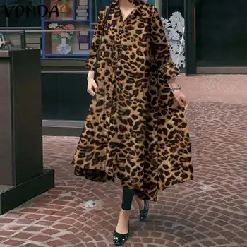 Bohemijos Sundress 2021 VONDA Moterų Atsitiktinis ilgomis Rankovėmis Derliaus Leopardas Spausdinti Marškinėliai Suknelė Prarasti Rudenį Nereguliarus Šalies Vestidos