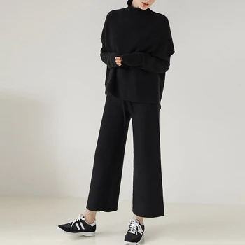 2020 Komplektai Moterų Megztinis Nustatyti OLIS Stiliaus Megztinis Golfo+Liemenė+Palaidi Kelnės Kostiumas Mezgimo Dviejų dalių Komplektas Žiemos korėjos Drabužių